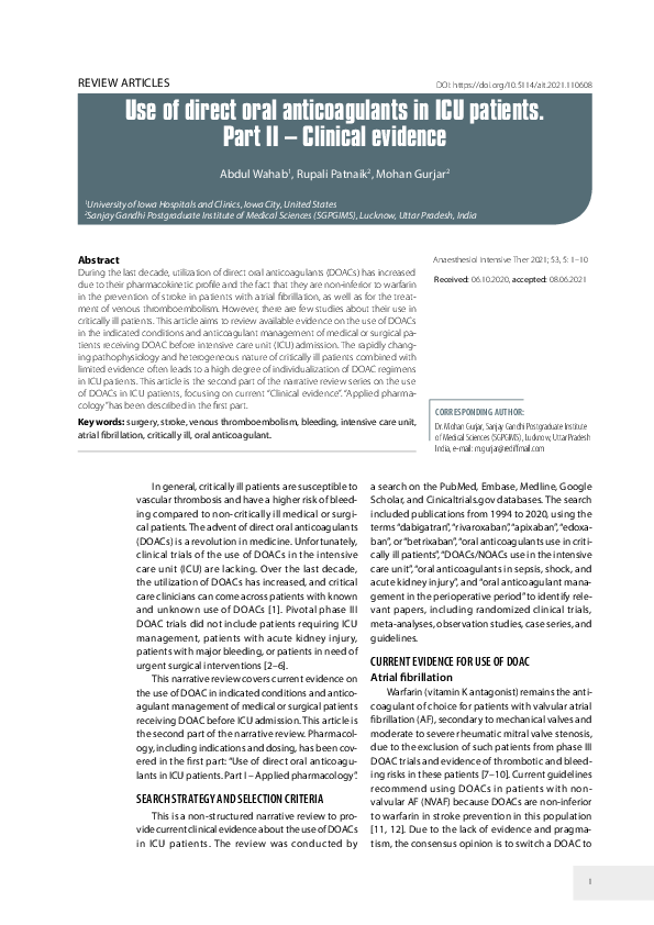(PDF) Use of direct oral anticoagulants in ICU patients. Part II ...