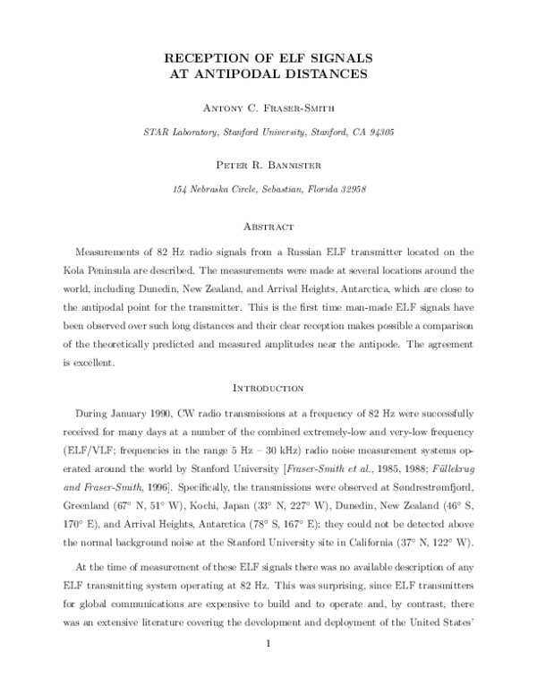 (PDF) Reception of ELF signals at antipodal distances