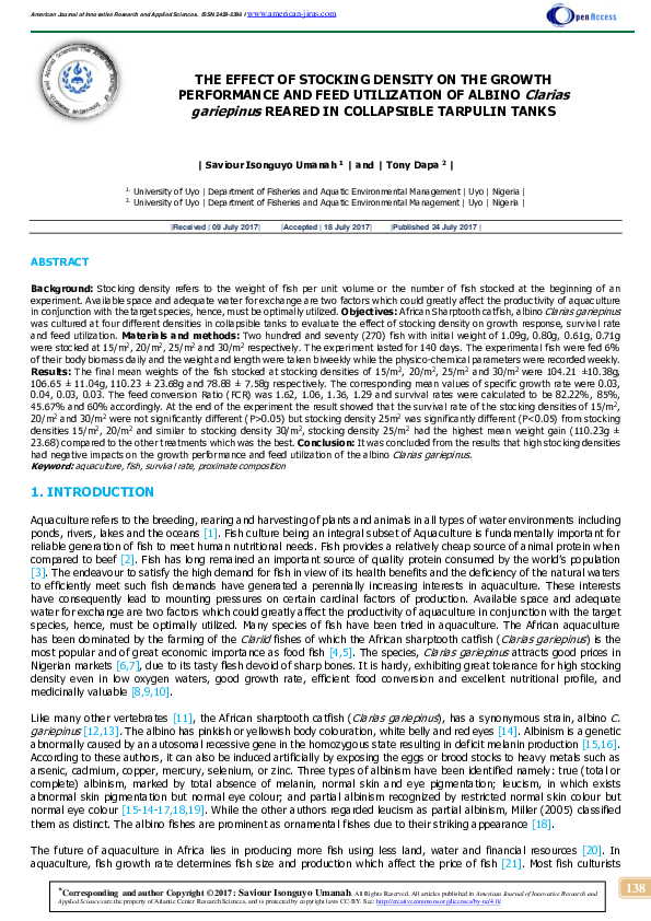 (PDF) THE EFFECT OF STOCKING DENSITY ON THE GROWTH PERFORMANCE AND FEED ...