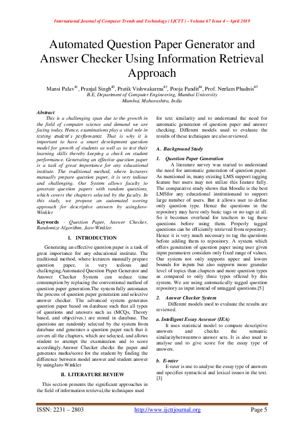 (PDF) Automated Question Paper Generator and Answer Checker Using ...