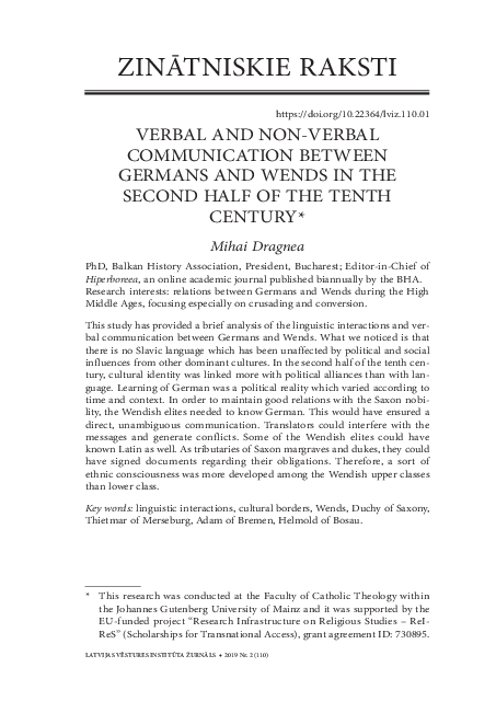Verbal and Non-Verbal Communication Between Germans and Wends in the Second Half of the Tenth CENTURY1*