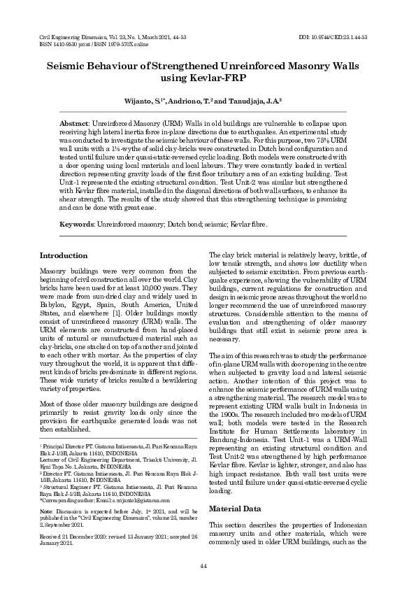 (PDF) Seismic Behaviour of Strengthened Unreinforced Masonry Walls ...