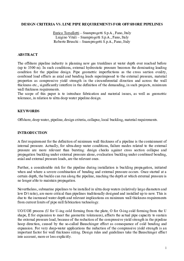 (PDF) Design Criteria vs. Line Pipe Requirements for Offshore Pipelines