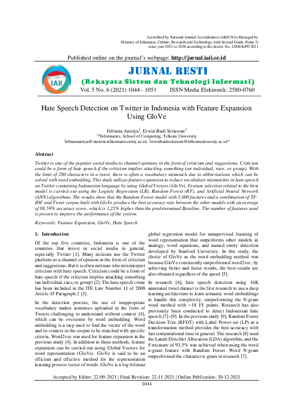 (PDF) Hate Speech Detection on Twitter in Indonesia with Feature ...