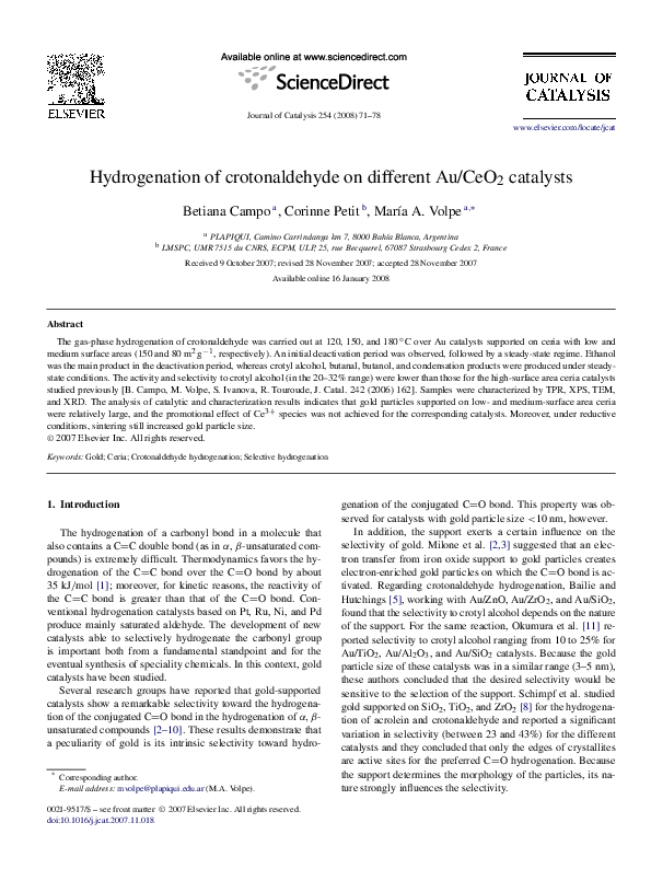 (PDF) Hydrogenation of crotonaldehyde on different Au/CeO2 catalysts