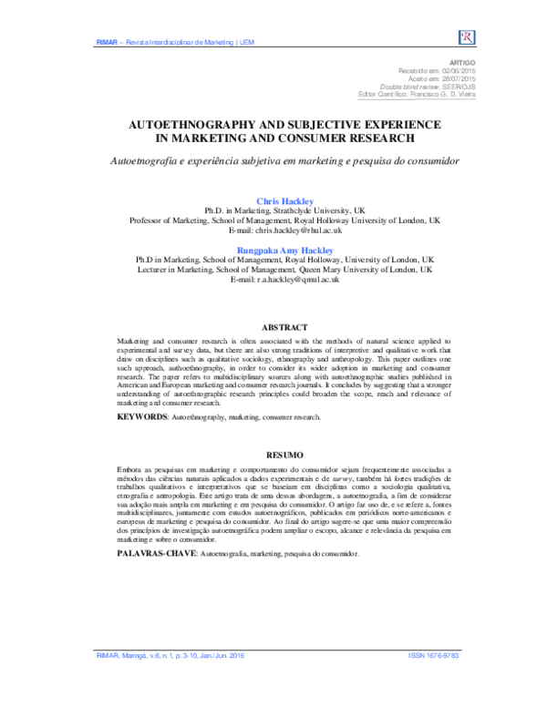 (PDF) Autoethnography and Subjective Experience in Marketing and ...