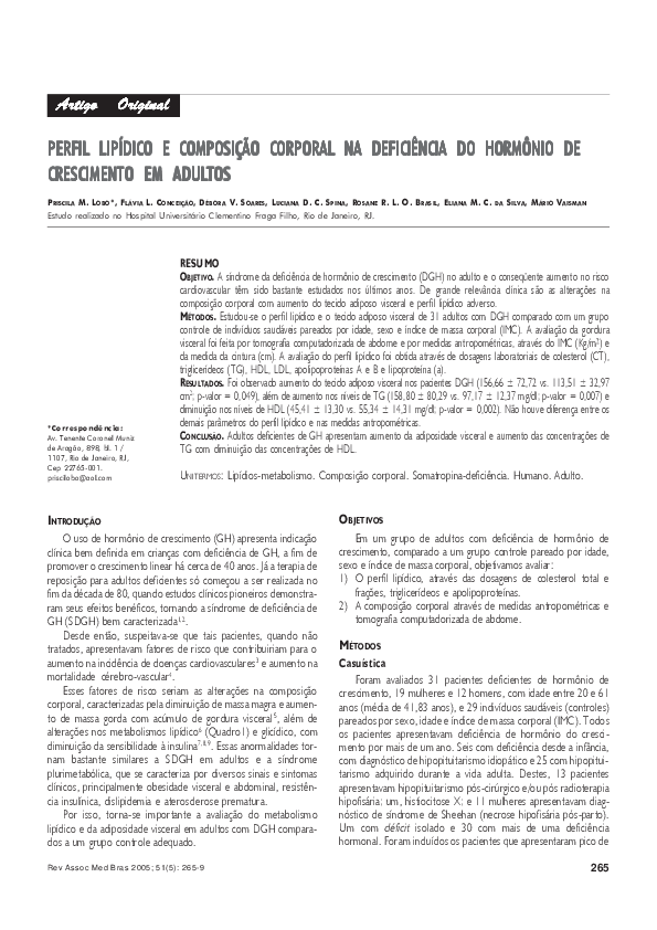 Perfil Lipídico e Composição Corporal Na Deficiência Do Hormônio De Cresciment Crescimento Em Adultos