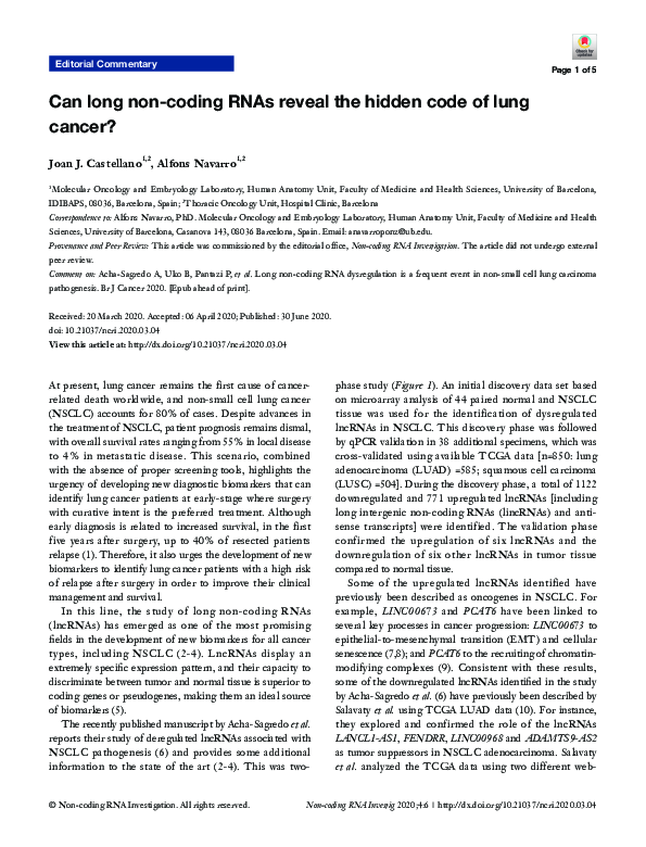 (PDF) Can long non-coding RNAs reveal the hidden code of lung cancer?