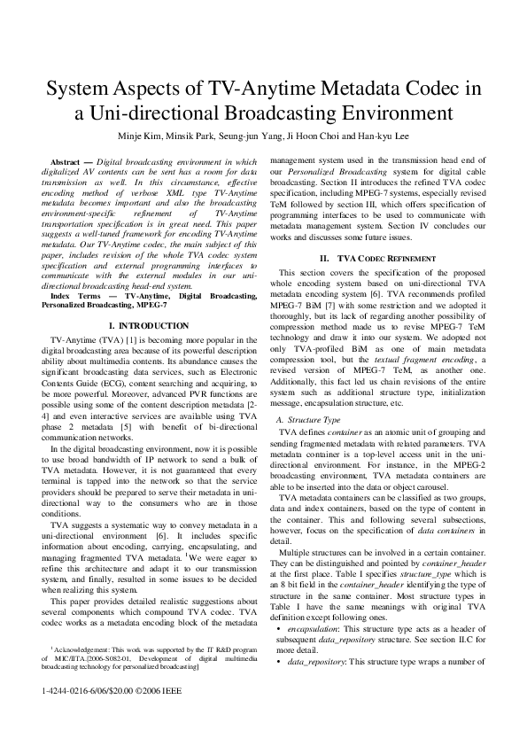 (PDF) System Aspects of TV-Anytime Metadata Codec in a Uni-directional ...