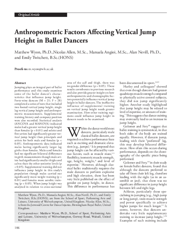 (PDF) Anthropometric Factors Affecting Vertical Jump Height in Ballet
