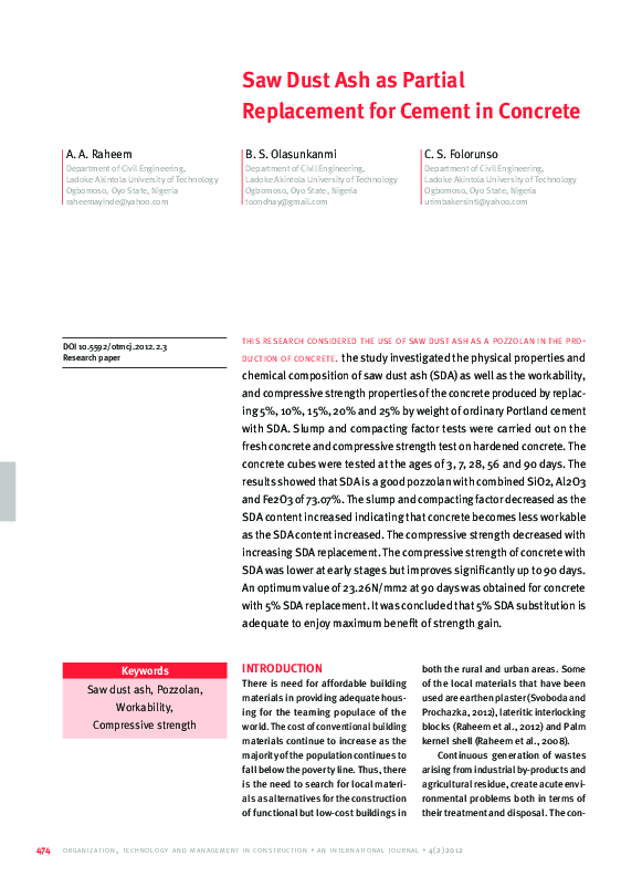 (PDF) Saw Dust Ash as Partial Replacement for Cement in Concrete