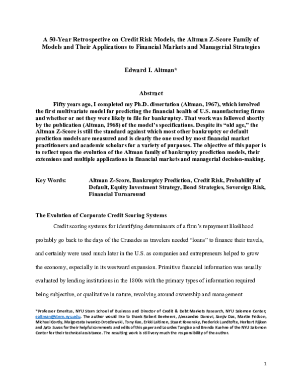 (PDF) A fifty-year retrospective on credit risk models, the Altman Z ...