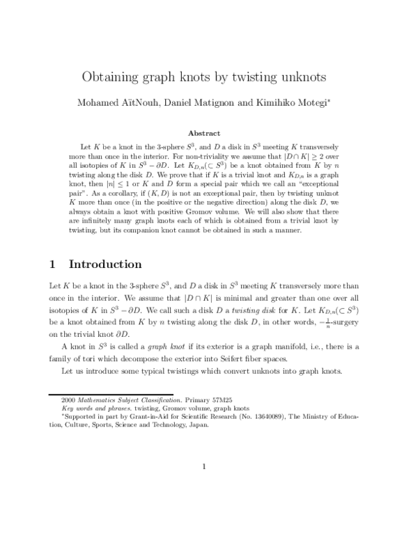 (PDF) Obtaining graph knots by twisting unknots