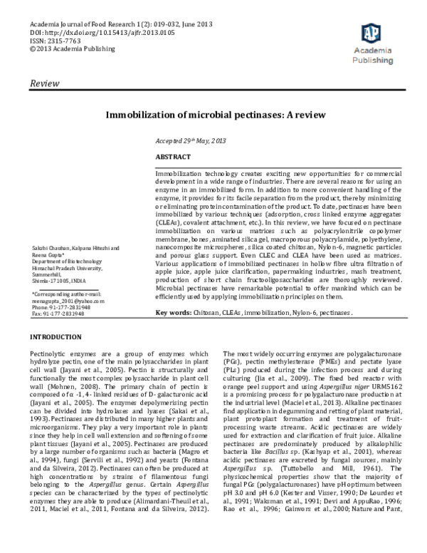 (PDF) Immobilization of microbial pectinases A review Kalpana Hiteshi Academia.edu
