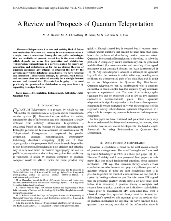 (PDF) A Review and Prospects of Quantum Teleportation