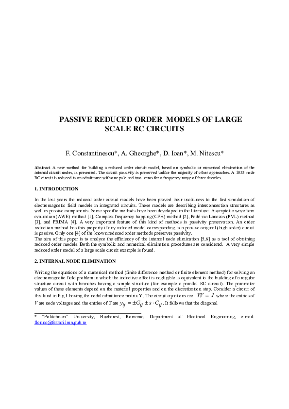 (PDF) Passive Reduced Order Models of Large Scale RC Circuits