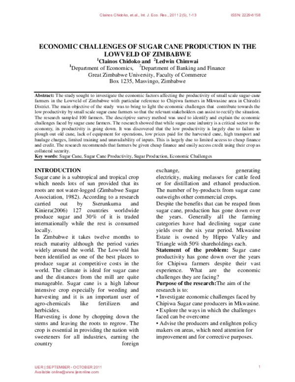 (PDF) Economic Challenges of Sugar Cane Production in the Lowveld of Zimbabwe Clainos Chidoko
