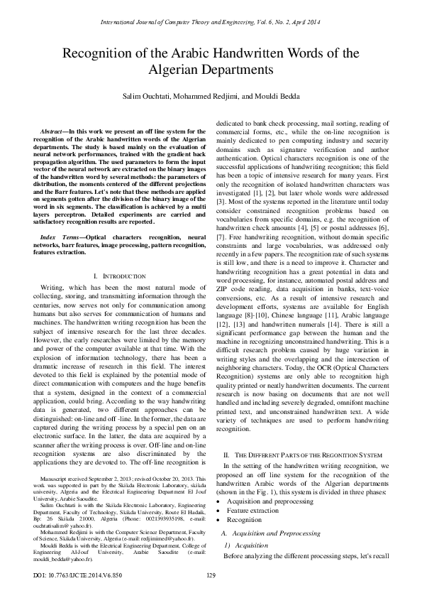 (PDF) Recognition of the Arabic Handwritten Words of the Algerian ...