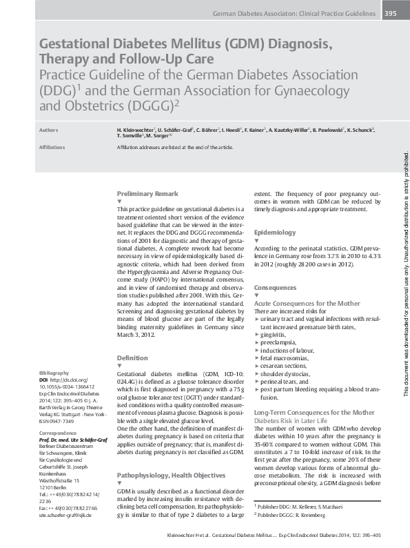 (PDF) Gestational diabetes mellitus (GDM) diagnosis, therapy and follow ...