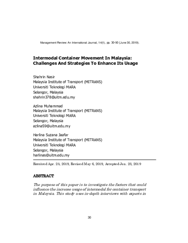 (PDF) Intermodal Container Movement in Malaysia: Challenges and ...