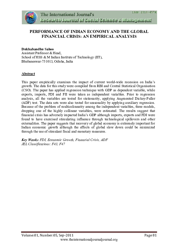 (PDF) Performance of Indian Economy and the Global Financial Crisis: An ...
