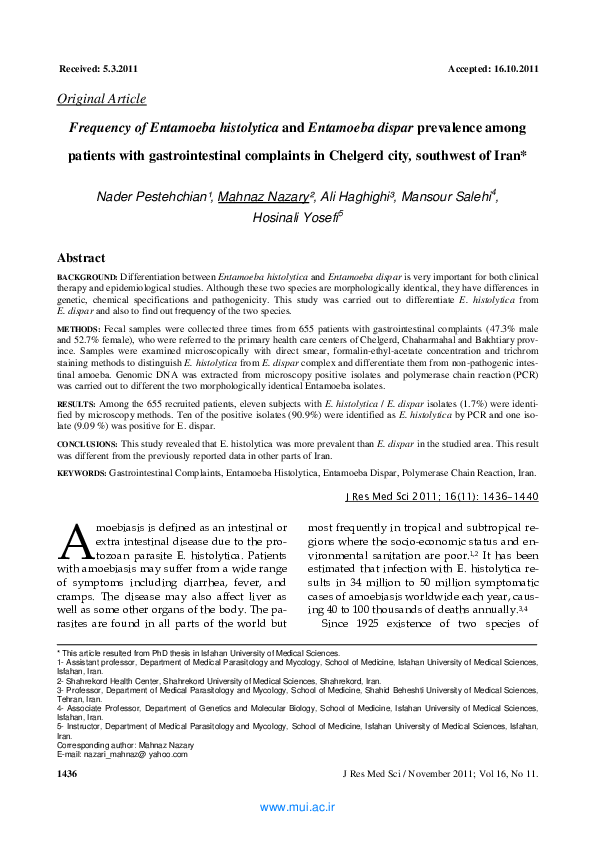 (PDF) Frequency of Entamoeba histolytica and Entamoeba dispar ...
