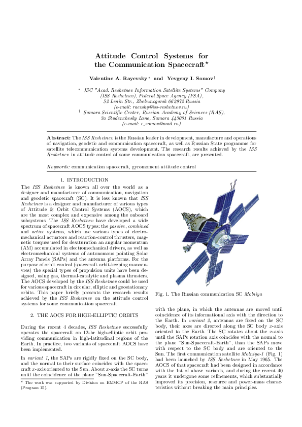 (PDF) Attitude Control Systems for the Communication Spacecraft