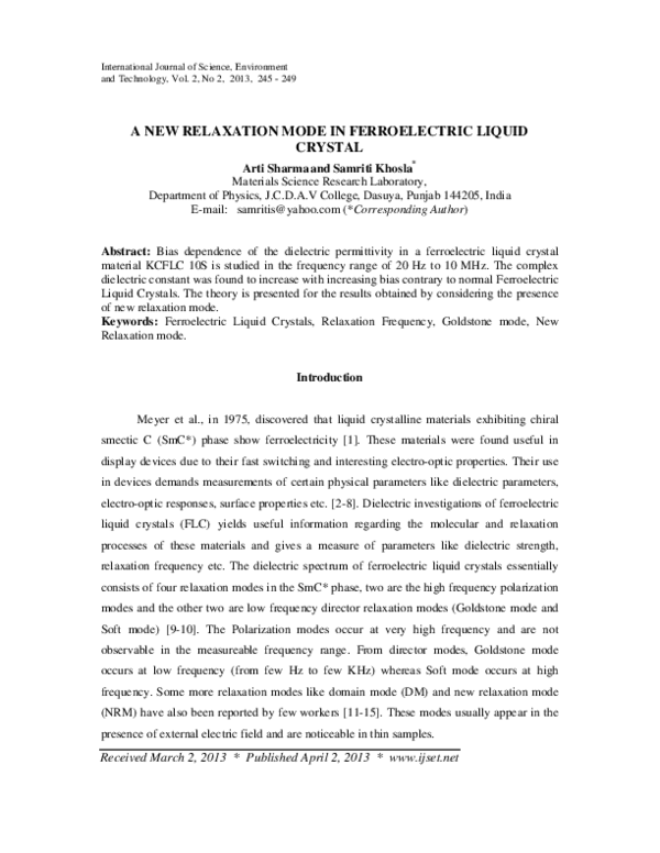 (PDF) A New Relaxation Mode in Ferroelectric Liquid Crystal