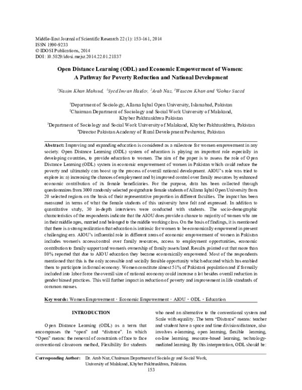 (PDF) Open Distance Learning (ODL) and Economic Empowerment of Women: A ...