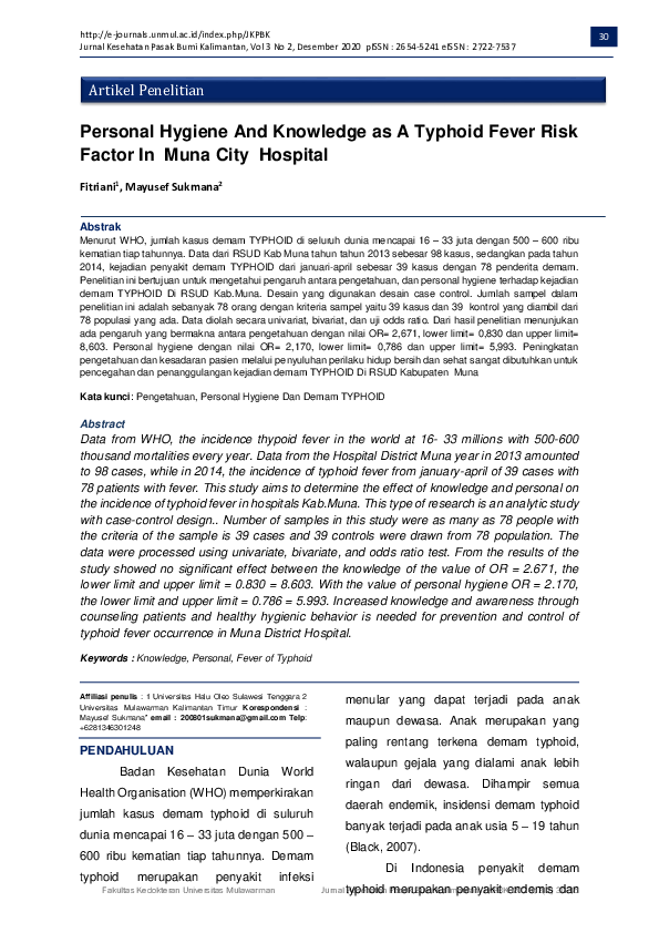 (PDF) Personal Hygiene and Knowledge as a Typhoid Fever Risk Factor in ...