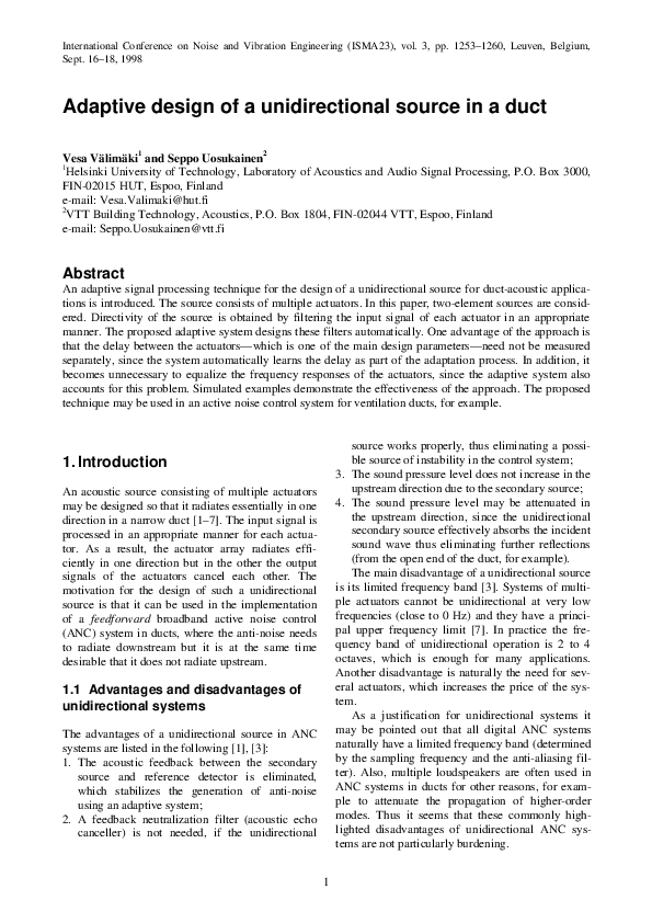(PDF) Adaptive design of a unidirectional source in a duct
