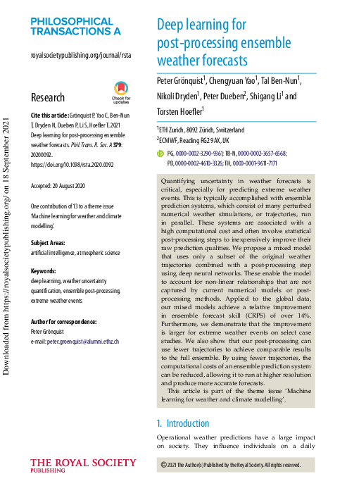 (PDF) Deep learning for post-processing ensemble weather forecasts