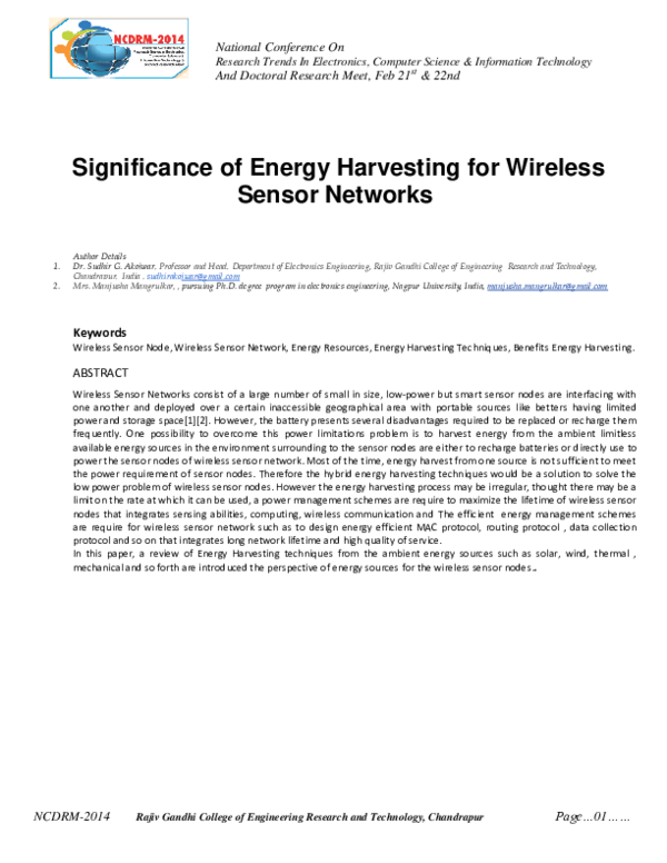 (PDF) Significance of Energy Harvesting for Wireless Sensor Networks