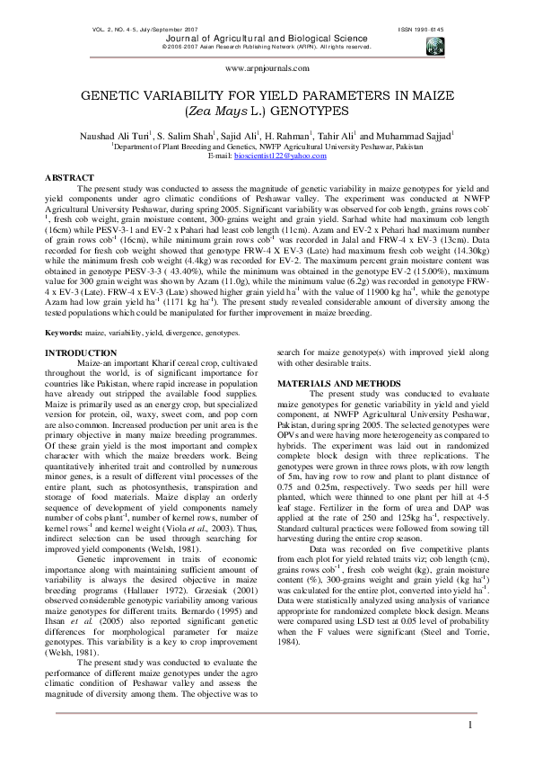 (PDF) Genetic variability for yield parameters in maize (Zea mays L ...