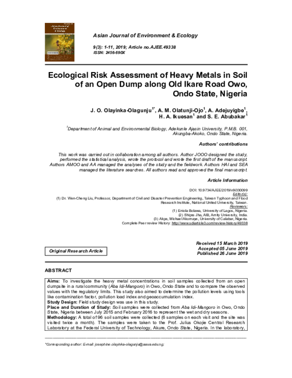 (PDF) Ecological Risk Assessment of Heavy Metals in Soil of an Open ...