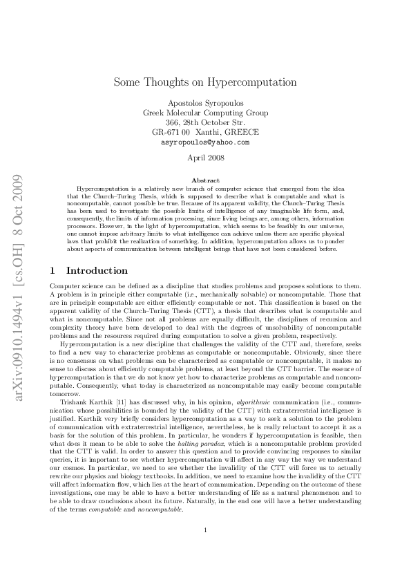 (PDF) Some thoughts on hypercomputation