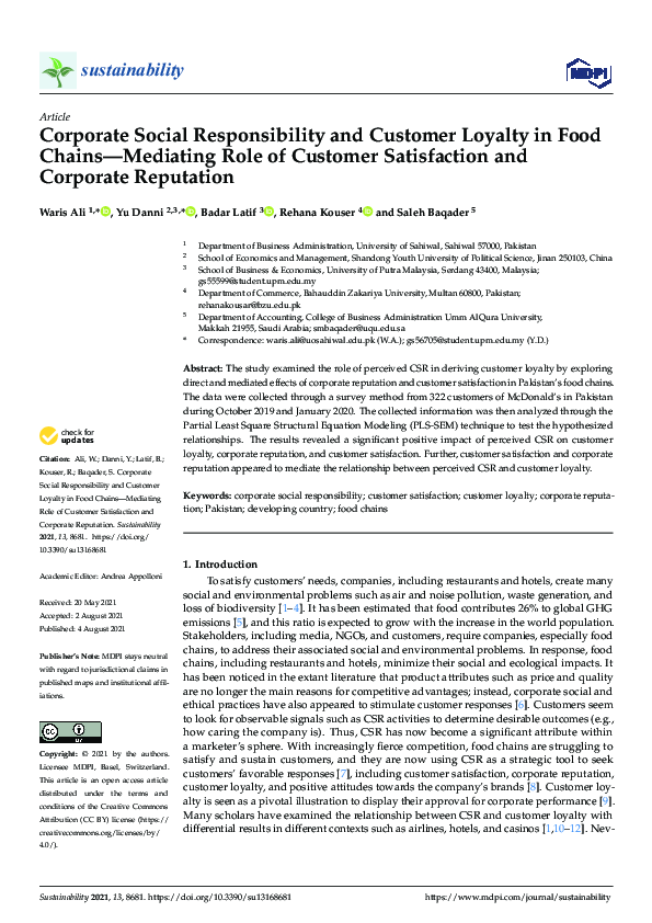 (PDF) Corporate Social Responsibility and Customer Loyalty in Food ...