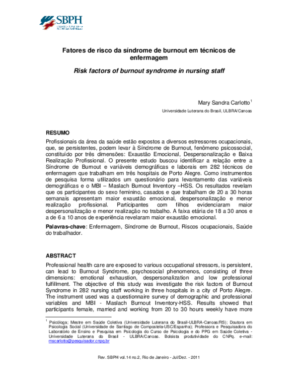 (PDF) Risk factors of burnout syndrome in nursing staff