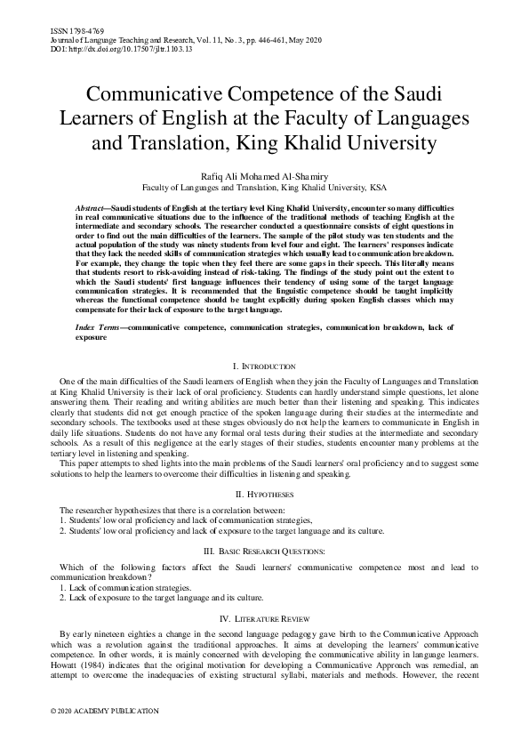 (PDF) Communicative Competence of the Saudi Learners of English at the ...