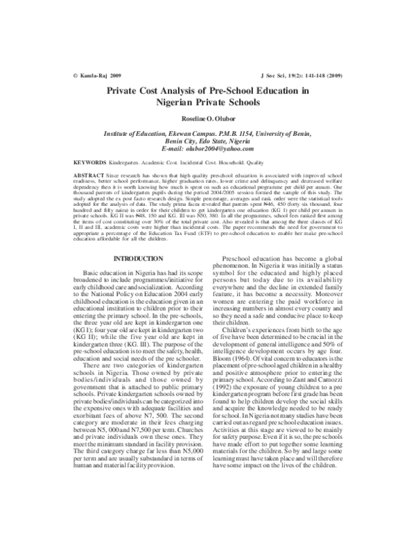 (PDF) Private Cost Analysis of Pre-School Education in Nigerian Private ...