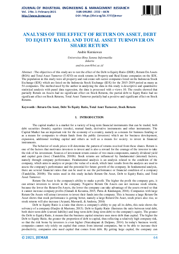 (PDF) Analysis of the Effect of Return on Asset, Debt to Equity Ratio ...