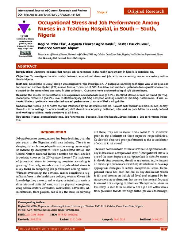 (PDF) Occupational Stress and Job Performance Among Nurses in a ...
