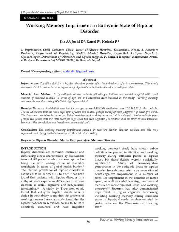 (PDF) Working Memory Impairment in Euthymic State of Bipolar Disorder ...