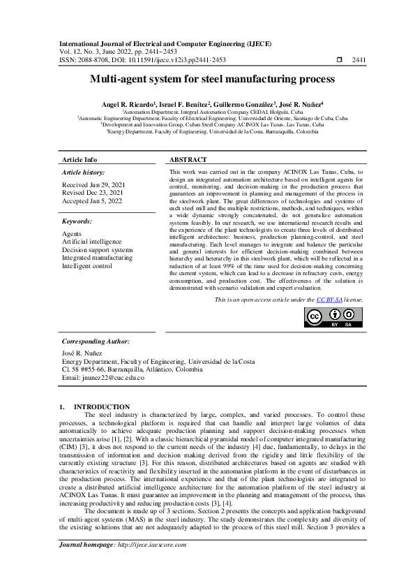 (PDF) Multi-agent system for steel manufacturing process
