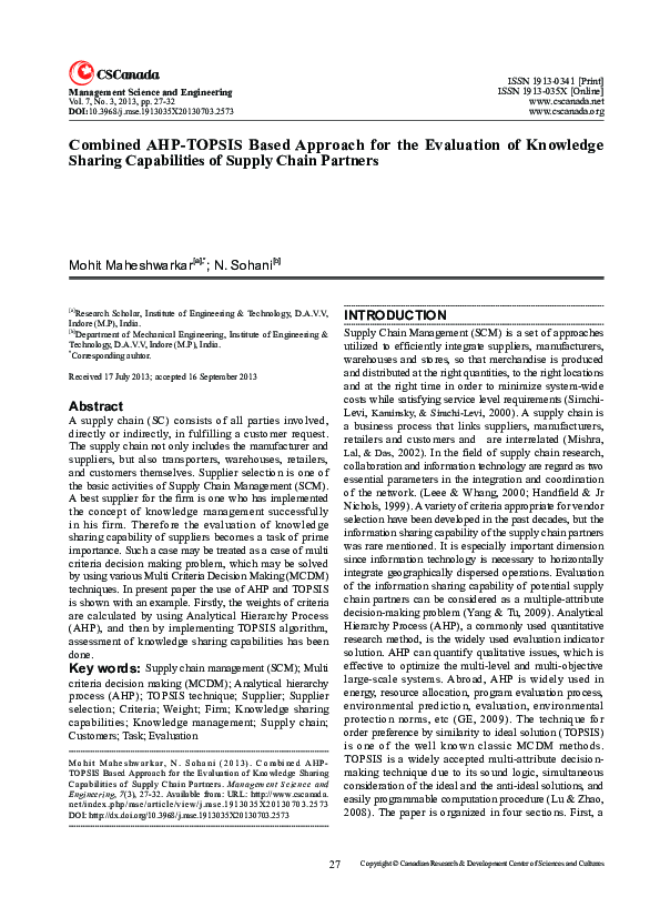 (PDF) Combined AHP-TOPSIS Based Approach for the Evaluation of ...