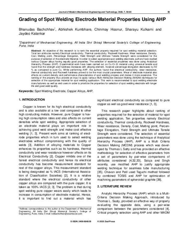 (PDF) Grading of Spot Welding Electrode Material Properties Using AHP