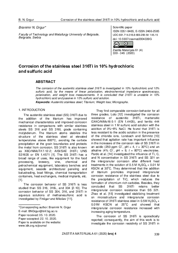 (PDF) Corrosion of the stainless steel 316Ti in 10% hydrochloric and ...