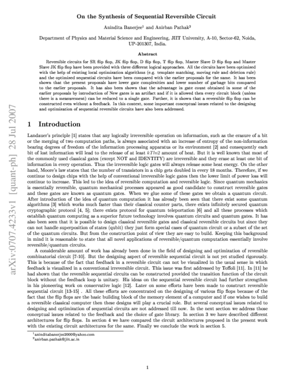 (PDF) On the Synthesis of Sequential Reversible Circuit