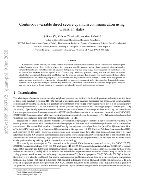 (PDF) Continuous variable direct secure quantum communication using ...