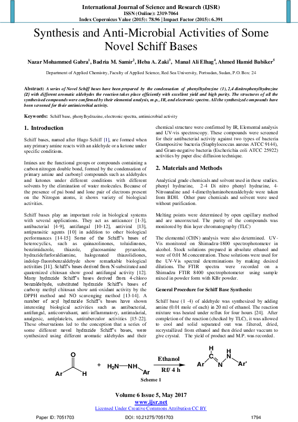 (PDF) Synthesis and Anti-Microbial Activities of Some Novel Schiff Bases